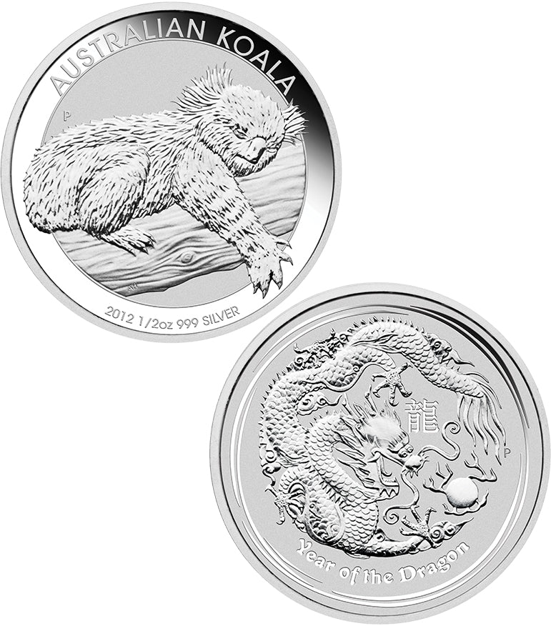 2011 50c BICE [2012] Australian Koala & Lunar Year of The Dragon 1/2oz Silver 2 Coin Set