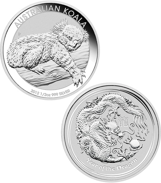 2011 50c BICE [2012] Australian Koala & Lunar Year of The Dragon 1/2oz Silver 2 Coin Set
