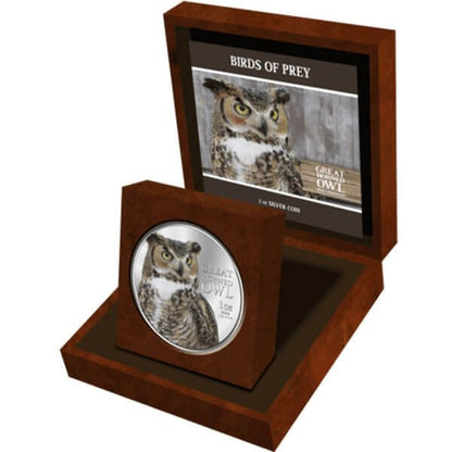 Niue 2013 $2 Birds of Prey Great Horned Owl 1oz Silver Coloured Proof Coin