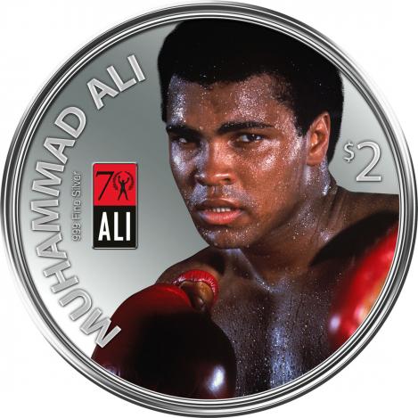Fiji 2012 $2 Muhammad Ali 70th Anniversary 1oz Silver Coloured Proof Coin with Box Glove