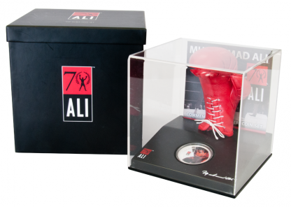 Fiji 2012 $2 Muhammad Ali 70th Anniversary 1oz Silver Coloured Proof Coin with Box Glove