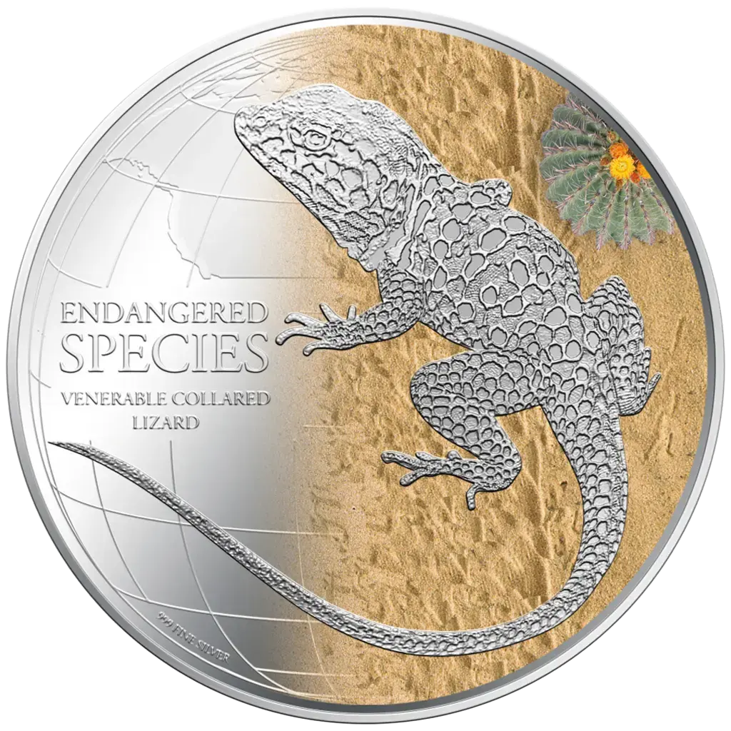 Niue 2013 $2 Endangered Species Venerable Collared Lizard 1oz Silver Coloured Proof Coin