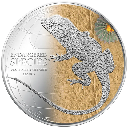 Niue 2013 $2 Endangered Species Venerable Collared Lizard 1oz Silver Coloured Proof Coin