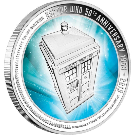 NZ 2013 $2 Doctor Who 50th Anniversary 1oz Silver Coloured Proof Coin with TARDIS