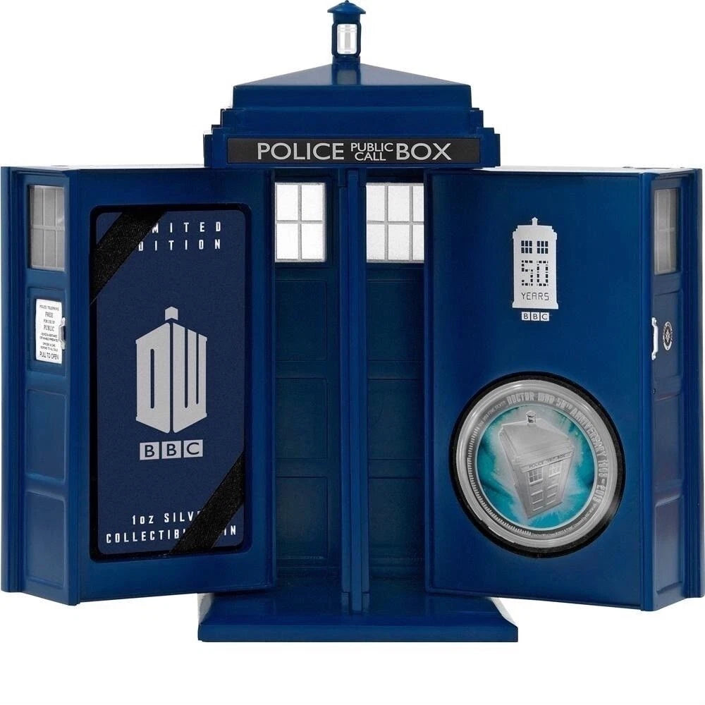 NZ 2013 $2 Doctor Who 50th Anniversary 1oz Silver Coloured Proof Coin with TARDIS