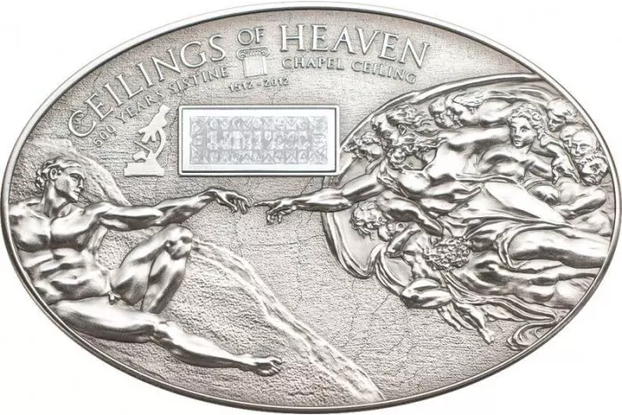 Cook Islands 2012 $5 Ceilings of Heaven 500 Years Sistine Chapel Ceiling with Nano Chip Silver Antiqued Coin
