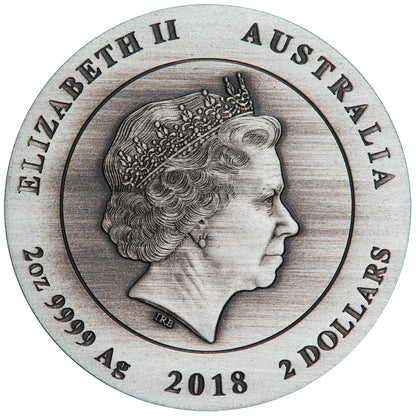 2018 $2 Australian Kookaburra 2oz Silver Antiqued Coin