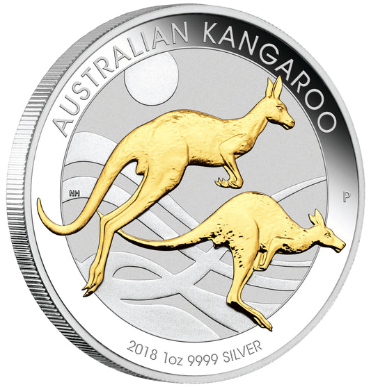 2018 $1 Australian Kangaroo 1oz Silver Gilded Coin