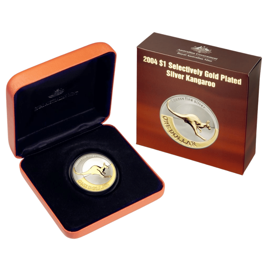 2004 $1 Australian Kangaroo Selectively Gold Plated 1oz Silver Coin