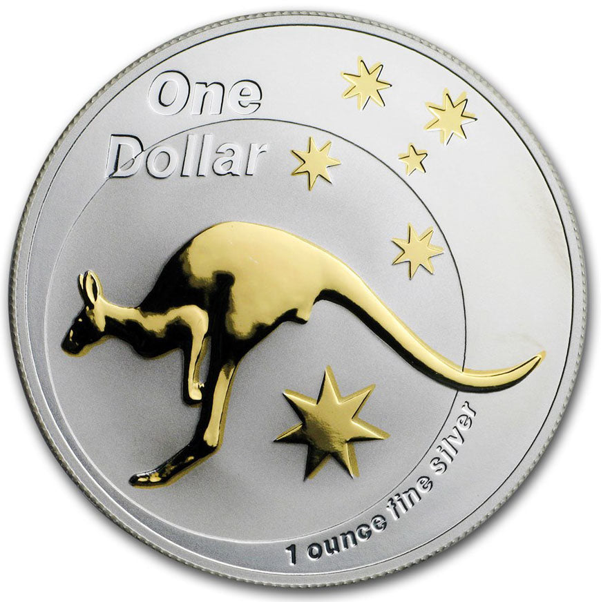 2005 $1 Australian Kangaroo Selectively Gold Plated 1oz Silver Coin