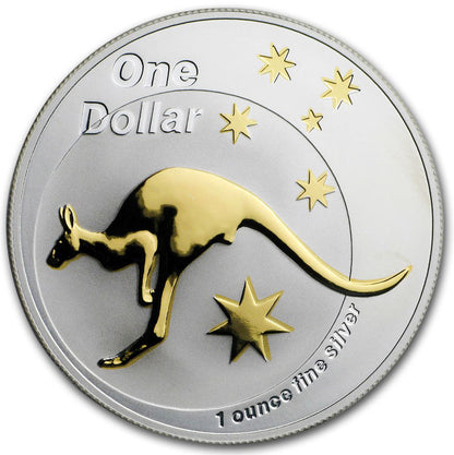 2005 $1 Australian Kangaroo Selectively Gold Plated 1oz Silver Coin