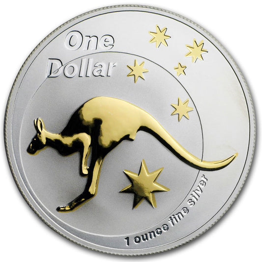 2005 $1 Australian Kangaroo Selectively Gold Plated 1oz Silver Coin