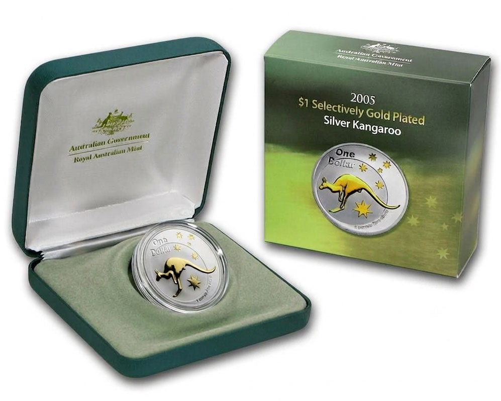 2005 $1 Australian Kangaroo Selectively Gold Plated 1oz Silver Coin