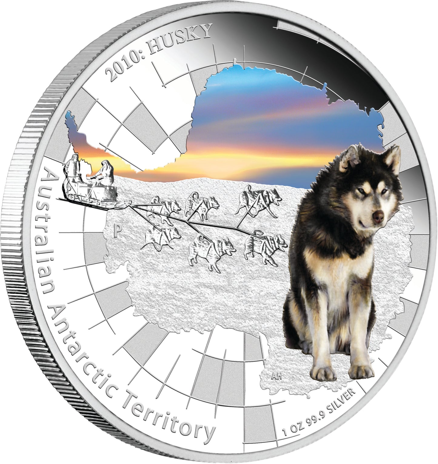 2010 $1 Australian Antarctic Territory Husky 1oz Silver Coloured Proof Coin