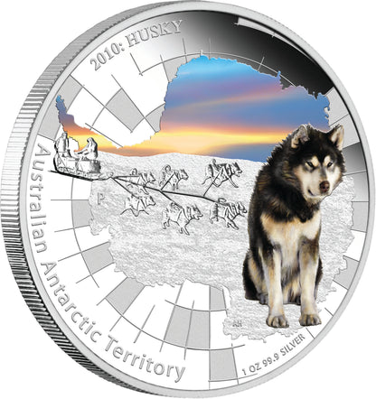 2010 $1 Australian Antarctic Territory Husky 1oz Silver Coloured Proof Coin
