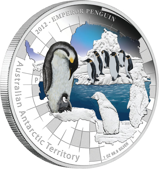 2012 $1 Australian Antarctic Territory Emperor Penguin 1oz Silver Coloured Proof Coin