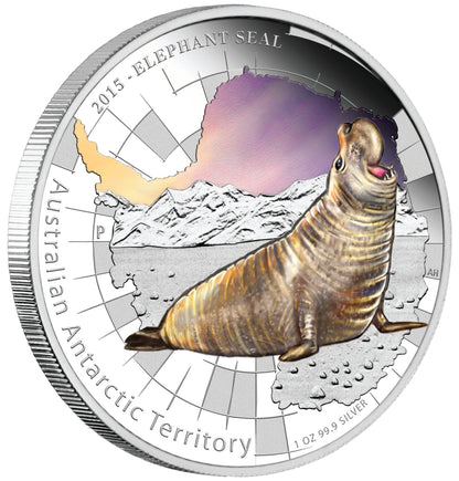 2015 $1 Australian Antarctic Territory Elephant Seal 1oz Silver Coloured Proof Coin