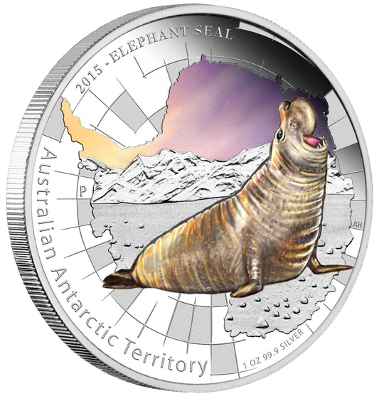 2015 $1 Australian Antarctic Territory Elephant Seal 1oz Silver Coloured Proof Coin