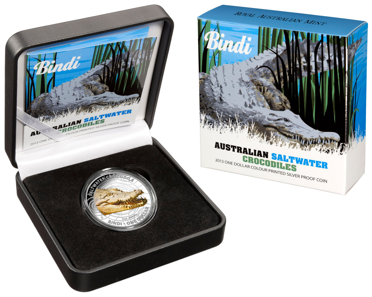 2013 $1 Australian Saltwater Crocodiles Bindi 1oz Silver Coloured Proof Coin