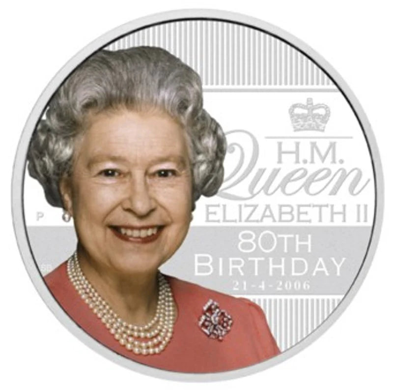 2006 $1 Her Majesty Queen Elizabeth II 80th Birthday 1oz Silver Coloured Proof Coin