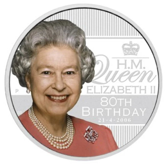 2006 $1 Her Majesty Queen Elizabeth II 80th Birthday 1oz Silver Coloured Proof Coin