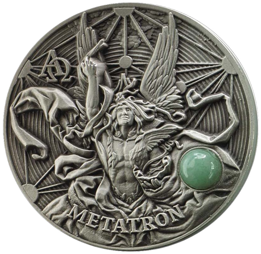 Niue 2016 $5 The Choir of Angels Metatron with Green Aventurine Gemstone Silver Antiqued Coin
