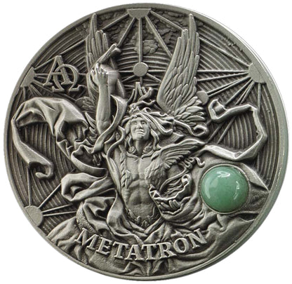 Niue 2016 $5 The Choir of Angels Metatron with Green Aventurine Gemstone Silver Antiqued Coin