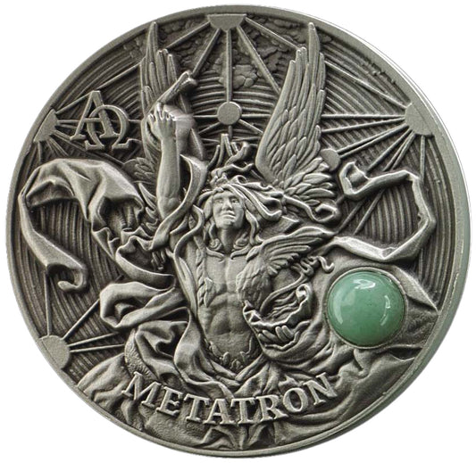 Niue 2016 $5 The Choir of Angels Metatron with Green Aventurine Gemstone Silver Antiqued Coin