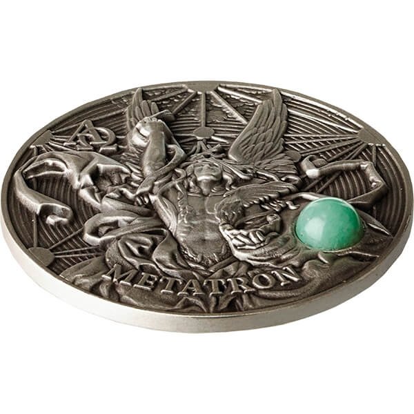 Niue 2016 $5 The Choir of Angels Metatron with Green Aventurine Gemstone Silver Antiqued Coin