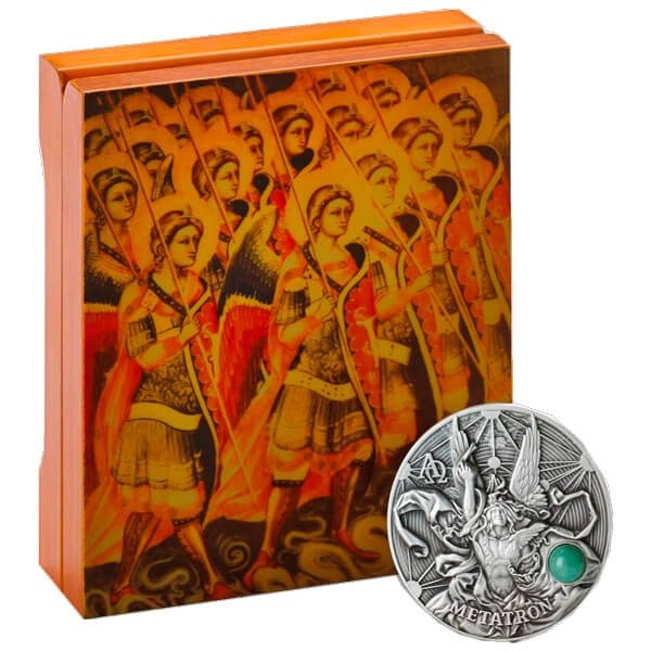 Niue 2016 $5 The Choir of Angels Metatron with Green Aventurine Gemstone Silver Antiqued Coin