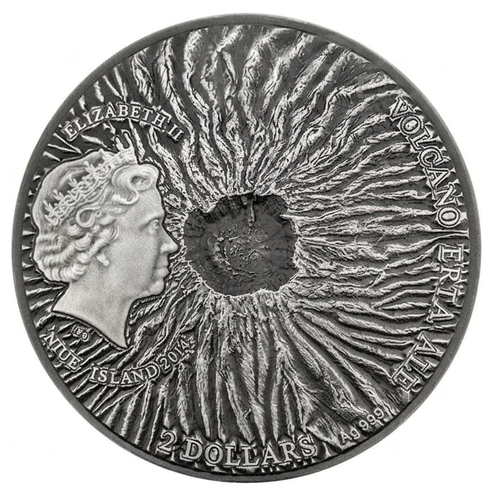 Niue 2014 $2 Volcano Erta Ale with Lava Inset 1oz Silver Antiqued Coin