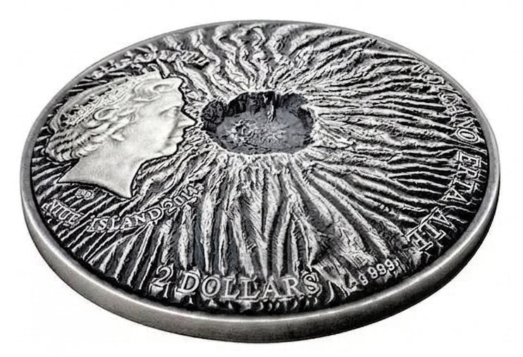Niue 2014 $2 Volcano Erta Ale with Lava Inset 1oz Silver Antiqued Coin