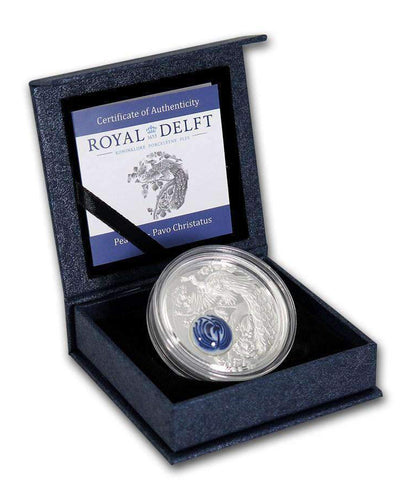 Cook Islands 2017 $10 Peacock Pavo Christatus with Royal Delft Earthenware Insert Silver Proof Coin