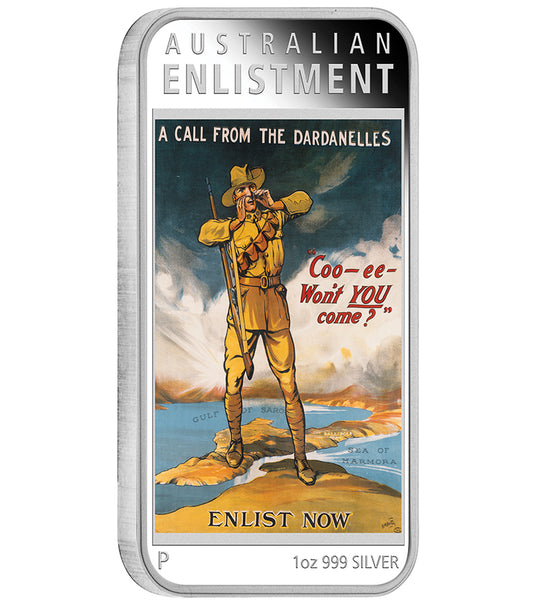 2014 $1 Australian Posters of World War I Enlistment 1oz Silver Coloured Proof Rectangle Shaped Coin