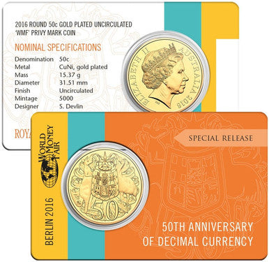 2016 50c 50th Anniversary of Decimal Currency 'WMF' Privy Mark Gold Plated Uncirculated Coin