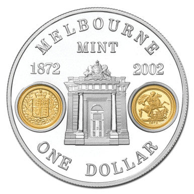 2002 $1 Melbourne Mint 130th Anniversary with Gold Inserts 1oz Silver Proof Coin