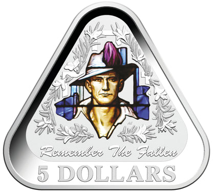 2016 $5 Remember The Fallen Silver Coloured Proof Triangle Shaped Coin