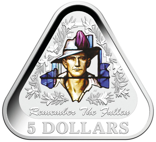 2016 $5 Remember The Fallen Silver Coloured Proof Triangle Shaped Coin