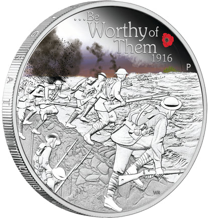 2016 $1 The ANZAC Spirit 100th Anniversary Be Worthy of Them 1oz Silver Coloured Proof Coin