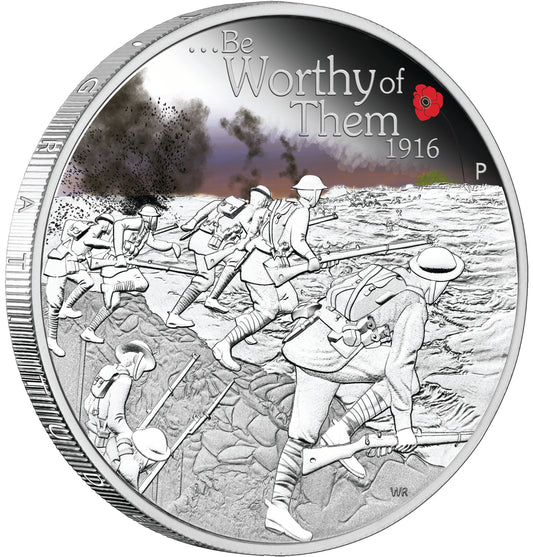 2016 $1 The ANZAC Spirit 100th Anniversary Be Worthy of Them 1oz Silver Coloured Proof Coin