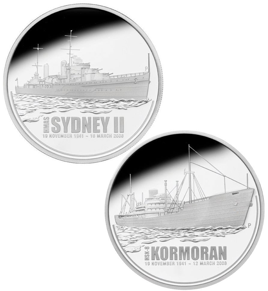 2008 $1 HMAS Sydney II and HSK-8 Kormoran 1oz Silver Proof Coin with Medallion and Badge Set
