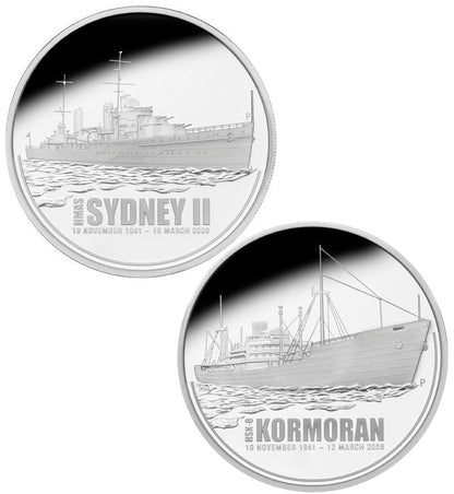 2008 $1 HMAS Sydney II and HSK-8 Kormoran 1oz Silver Proof Coin with Medallion and Badge Set