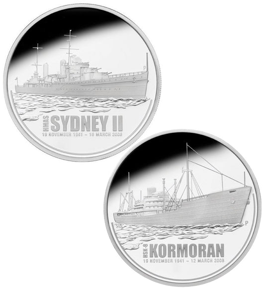 2008 $1 HMAS Sydney II and HSK-8 Kormoran 1oz Silver Proof Coin with Medallion and Badge Set