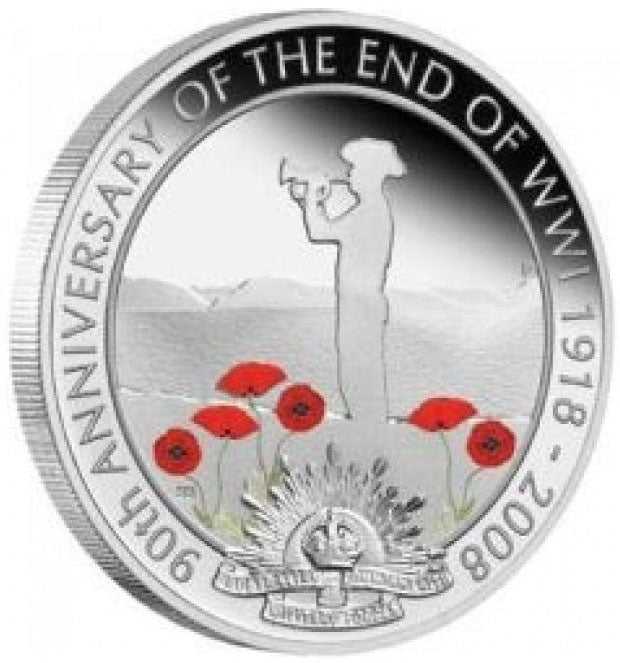 2008 $1 90th Anniversary of The End of World War I 1oz Silver Coloured Proof Coin