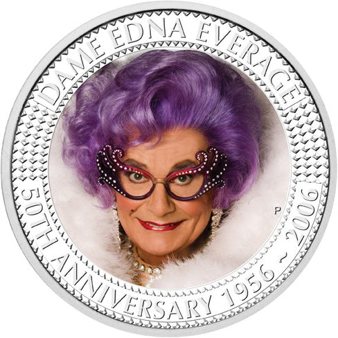 2006 $1 50th Anniversary Dame Edna Everage 1oz Silver Coloured Coin