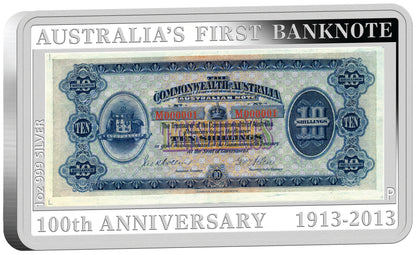 2013 $1 100th Anniversary of Australia's First Banknote 1oz Silver Coloured Proof Rectangle Shaped Coin and Stamp Set