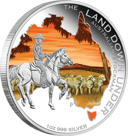 2014 $1 The Land Down Under Australian Stockman 1oz Silver Coloured Proof Coin