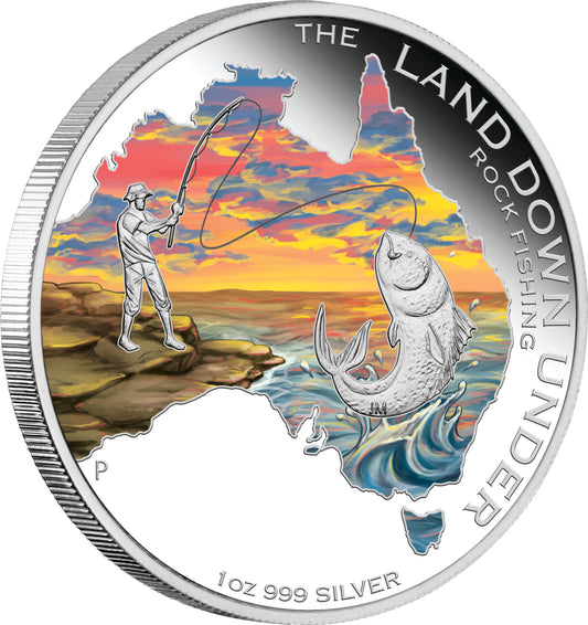 2014 $1 The Land Down Under Rock Fishing 1oz Silver Coloured Proof Coin