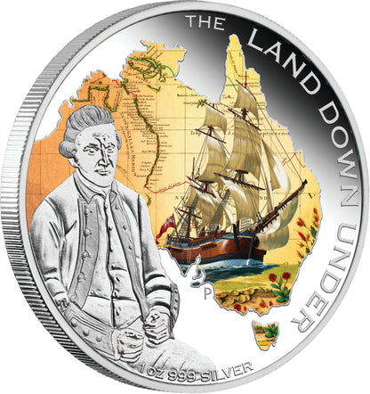 2013 $1 The Land Down Under Captain James Cook 1oz Silver Coloured Proof Coin