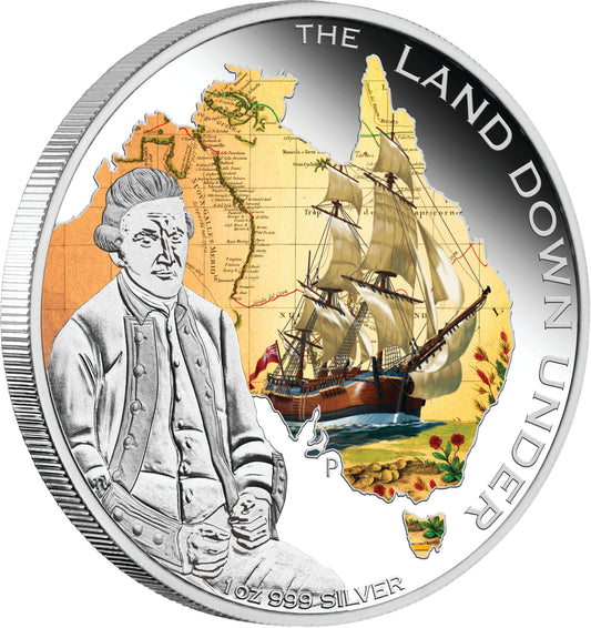 2013 $1 The Land Down Under Captain James Cook 1oz Silver Coloured Proof Coin